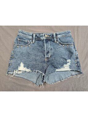 Hollister High-Rise Mom Short 3" Vintage Stretch Denim W26 Distressed & Studded